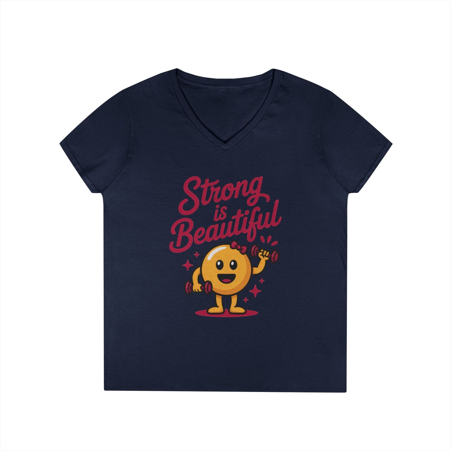 Ladies' V-Neck T-Shirt, Strong is Beautiful Womens Tee, Cute Fitness Character Tee, Inspirational Workout Shirt, Gym Motivation Gift for Her