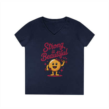 Ladies' V-Neck T-Shirt, Strong is Beautiful Womens Tee, Cute Fitness Character Tee, Inspirational Workout Shirt, Gym Motivation Gift for Her