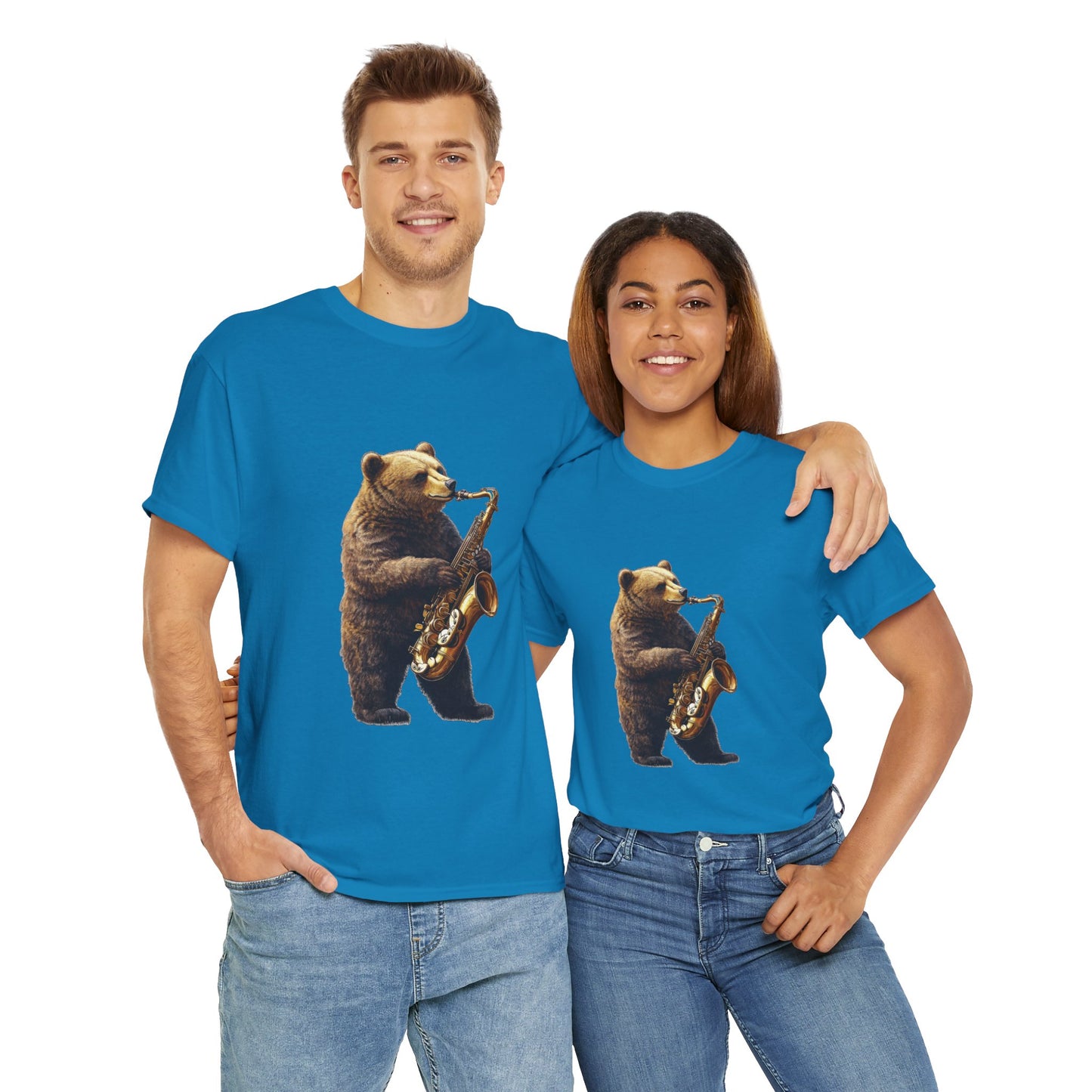 Saxophone Bear Unisex Heavy Cotton Tee, Music Lover Shirt, Gift for Musicians, Cute Animal Tee, Fun Jazz T-Shirt