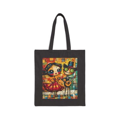 Colorful Cartoon Art Tote Bag, Quirky Gothic Skeleton and Flamenco Girl Illustration, Cotton Canvas Shopping Bag, Funky Day of the Dead Gift