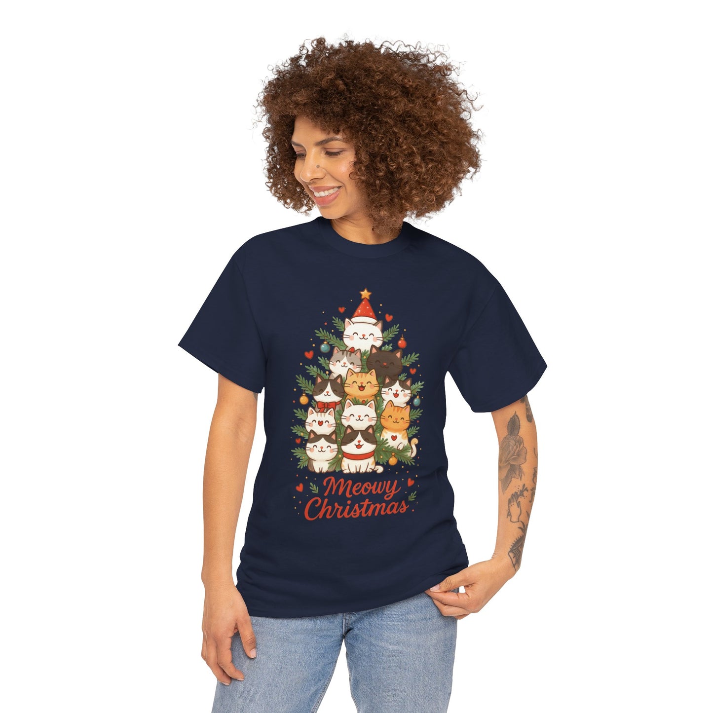 Women's Meowy Christmas Cat T-Shirt, Cute Holiday Kitty Tree Tee