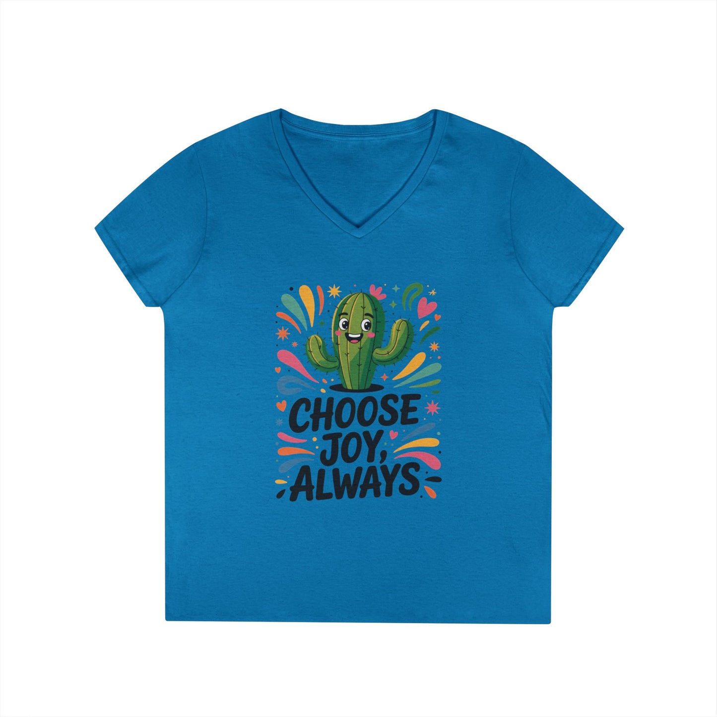 Choose Joy Cactus Ladies' V-Neck T-Shirt, Positive Vibe Shirt, Gift for Her, Summer Casual Tee, Inspirational Wear, Cute Graphic Top