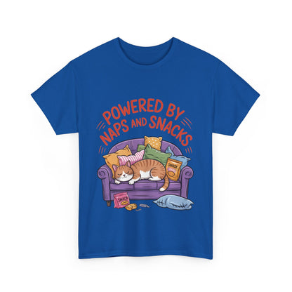 Powered by Naps and Snacks Cat T-Shirt, Funny Lazy Cat Lover Womens Tee, Cute Humor Shirt, Cozy Gift for Her, Cozy Cat Lover T-Shirt