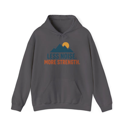 Men’s Less Noise More Strength Hoodie, Motivational Mountain Graphic Pullover, Mens Heavy Blend™ Hooded Sweatshirt