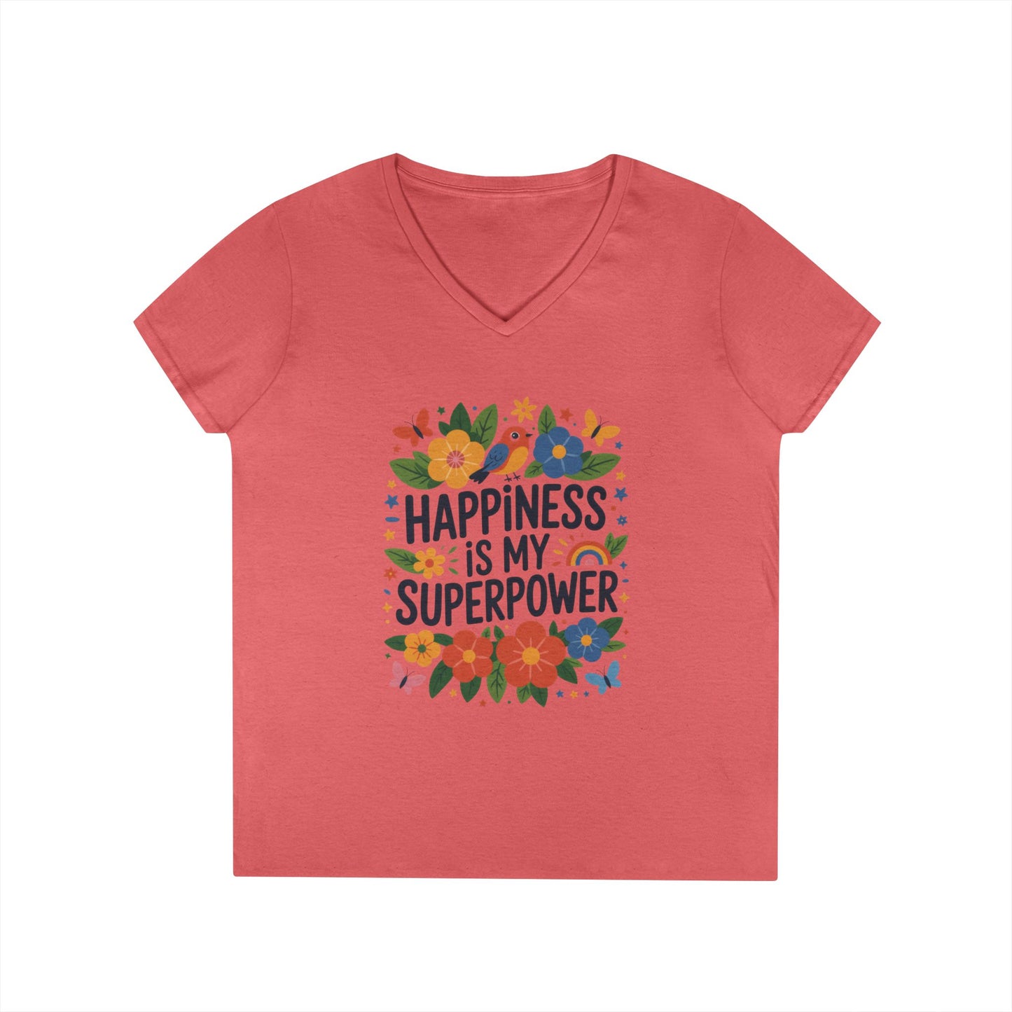 Happiness is My Superpower V-Neck T-Shirt, Floral Motivational Tee, Gift for Her, Positive Quote Shirt, Joyful Statement Tee
