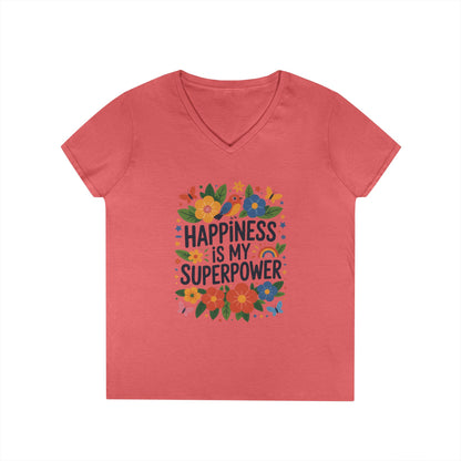Happiness is My Superpower V-Neck T-Shirt, Floral Motivational Tee, Gift for Her, Positive Quote Shirt, Joyful Statement Tee