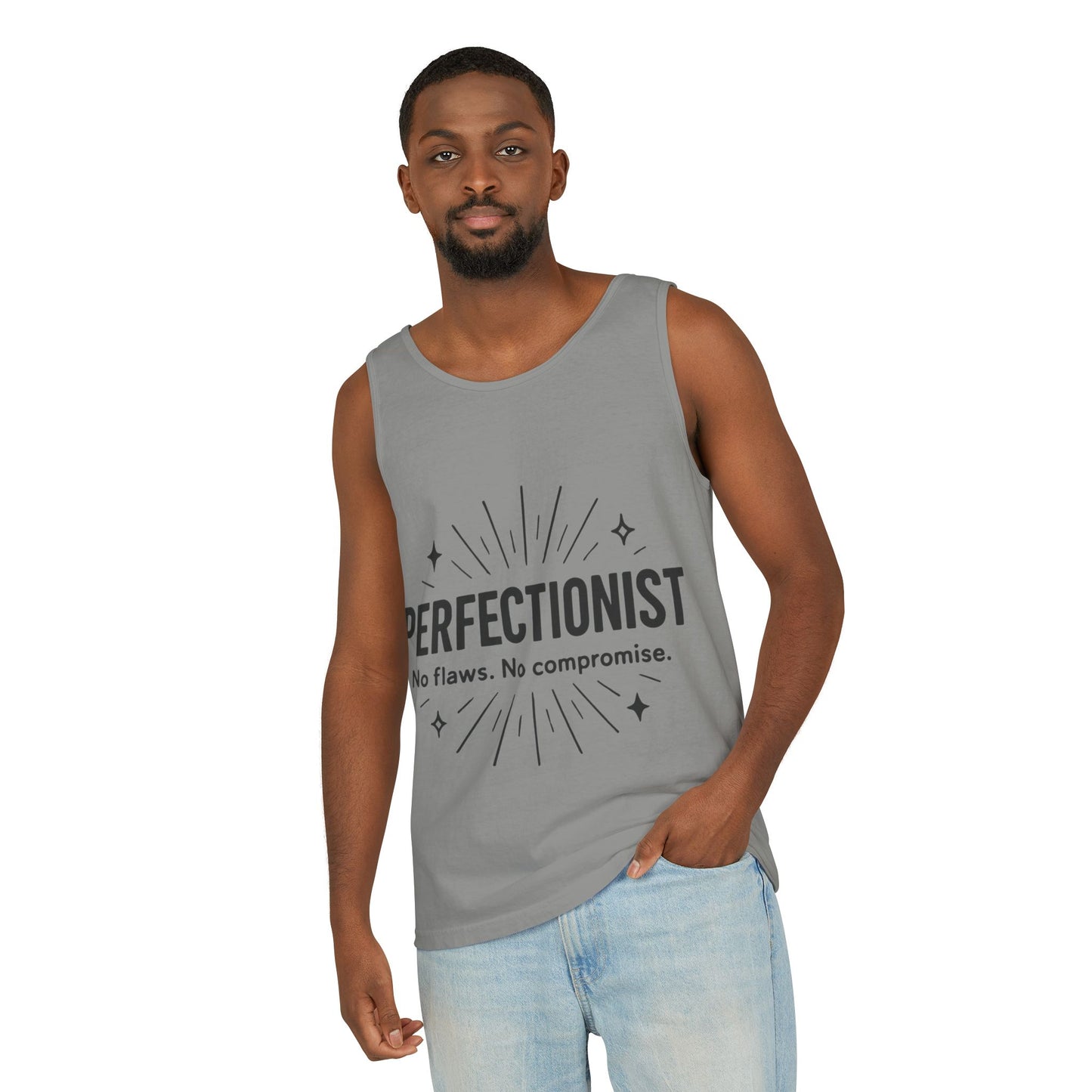 Mens Perfectionist Tank Top, No Flaws No Compromise, Minimal Bold Graphic Tee, Gift for OCD, Clean Freak, or Detail-Oriented Men