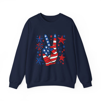 Patriotic Peace Crewneck Sweatshirt - Unisex Heavy Blend, 4th of July Clothing, Peace Sign Design, Casual Wear, Gift for Him/Her