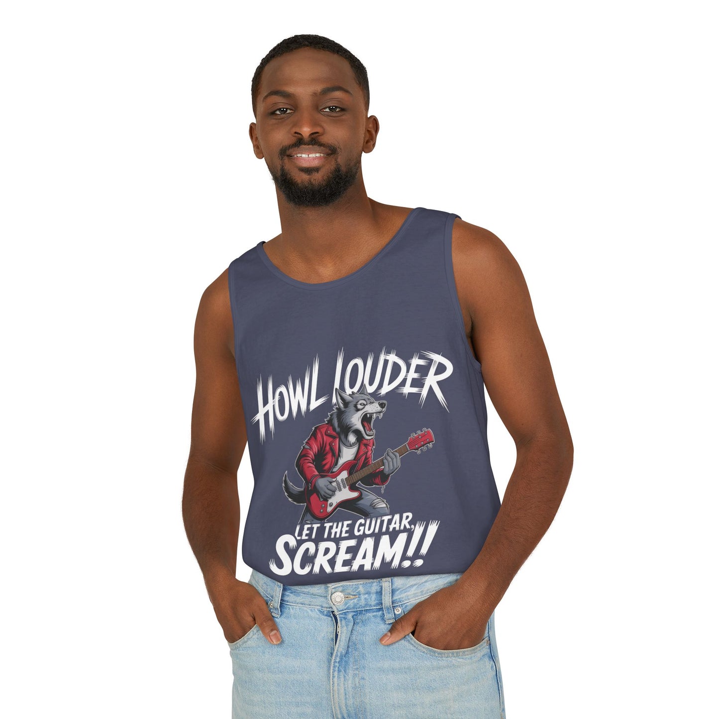 Howl Louder Wolf Tank Top, Mens Muscle Shirt, Rock Guitarist Graphic Sleeveless Tee, Wolf Workout Gym Tank, Music Lover Gift