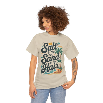 Salt in the Air Sand in My Hair Shirt, Beach Summer Vibes Graphic T-Shirt, Tropical Ocean Palm Design, Ocean-Themed Shirt, Gift Beach Lovers