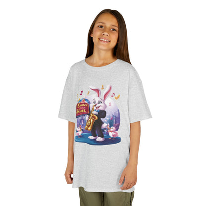 Easter Blues Bunny Kids T-Shirt - Cute Jazz Music Themed Tee for Boys and Girls, Fun Spring Gift, Bunny Playing Saxophone Design