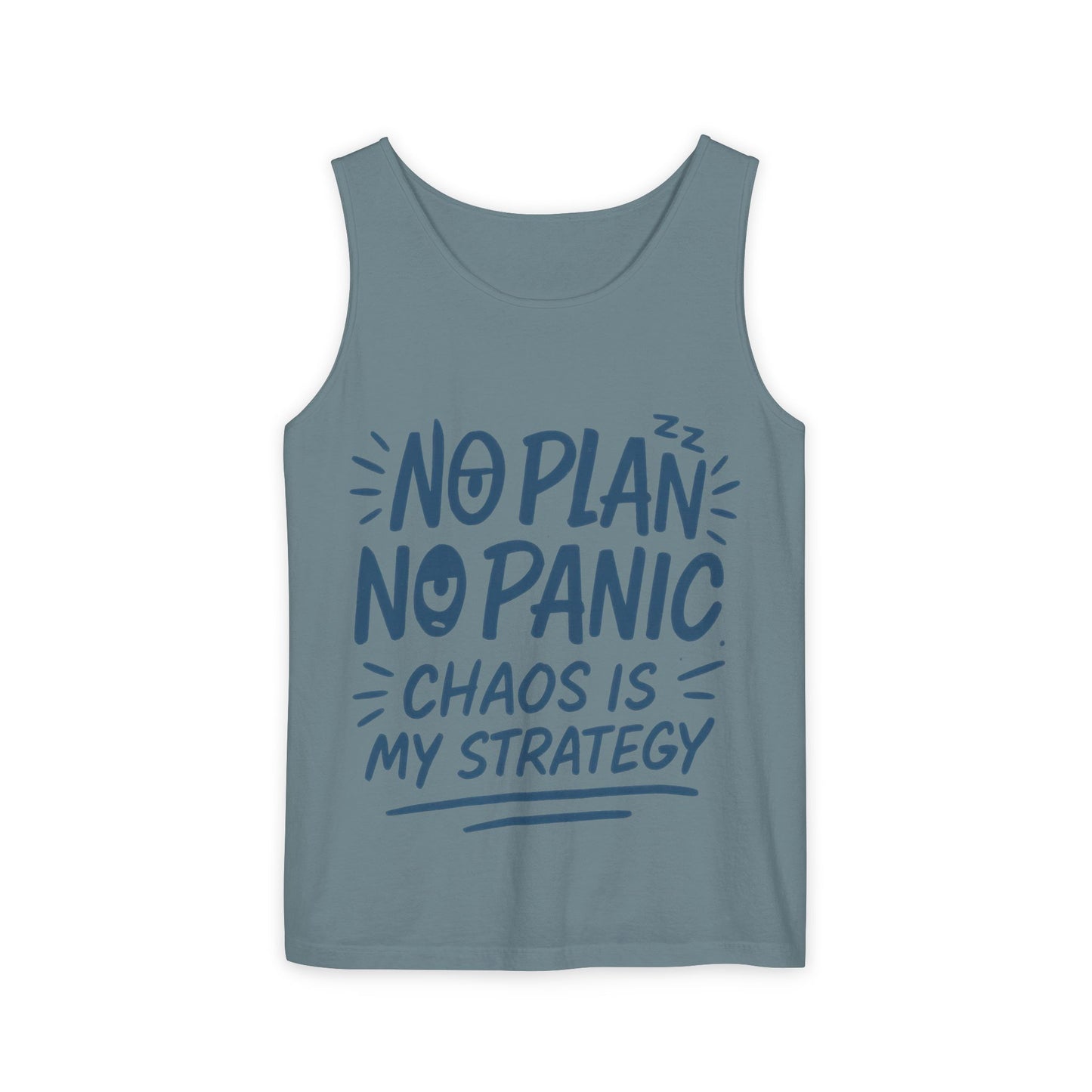 Funny Chaos Quote Mens Tank Top, No Plan No Panic Humor Shirt, Casual Graphic Tee Gift for Him, Relaxed Fit, Workout Gym Humor Shirt