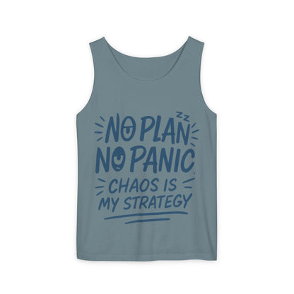 Funny Chaos Quote Mens Tank Top, No Plan No Panic Humor Shirt, Casual Graphic Tee Gift for Him, Relaxed Fit, Workout Gym Humor Shirt