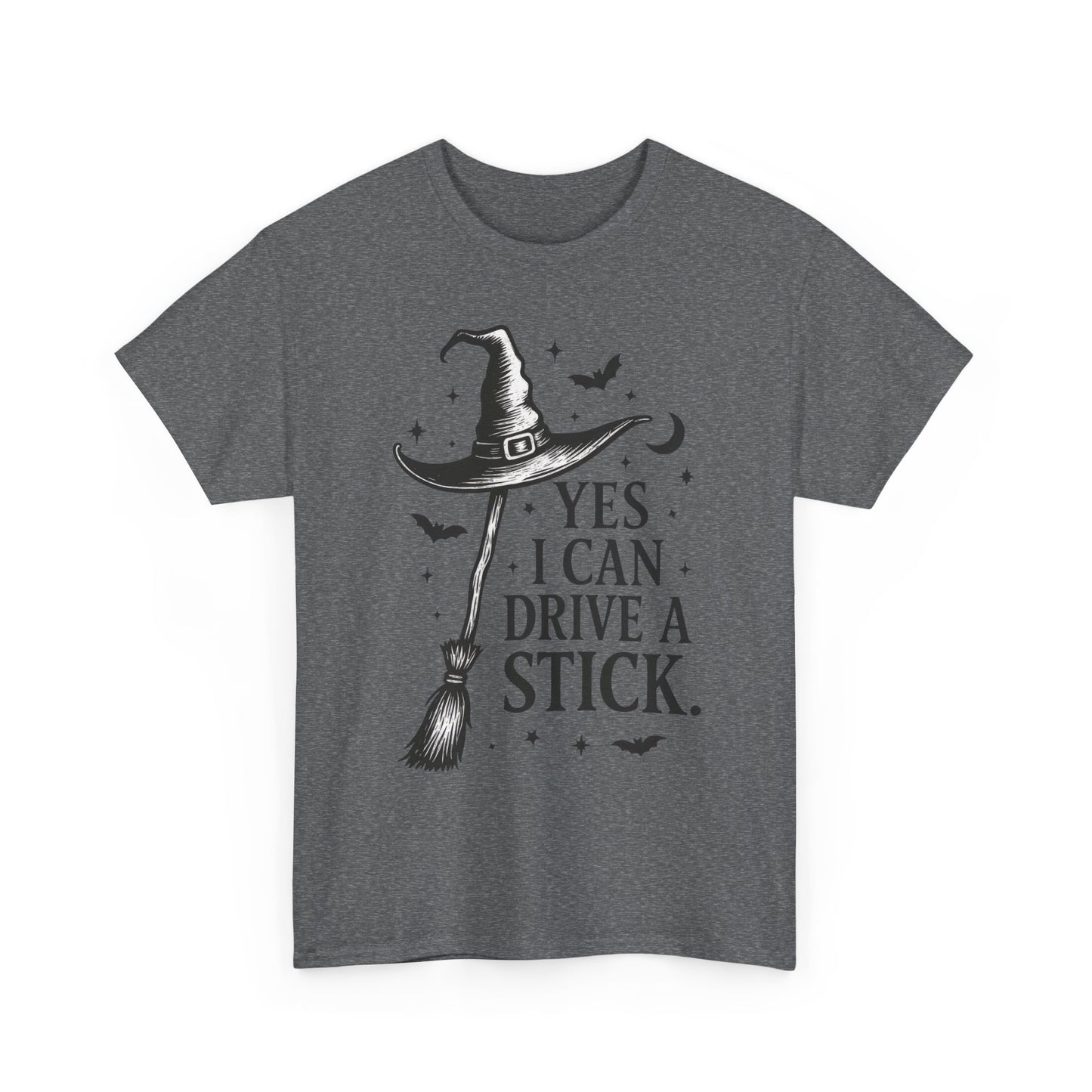 Yes I Can Drive a Stick Witch Hat Broom Halloween Women's T-Shirt, Funny Spooky Graphic Tee, Witch Shirt,