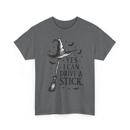 Yes I Can Drive a Stick Witch Hat Broom Halloween Women's T-Shirt, Funny Spooky Graphic Tee, Witch Shirt,