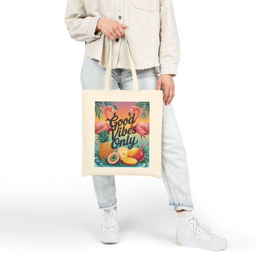 Tote Bag with Tropical Design, Good Vibes Only, Beach Tote, Eco-Friendly Bag, Summer Gift, Grocery Tote, Fun Shopping Bag, Flamingo Pattern