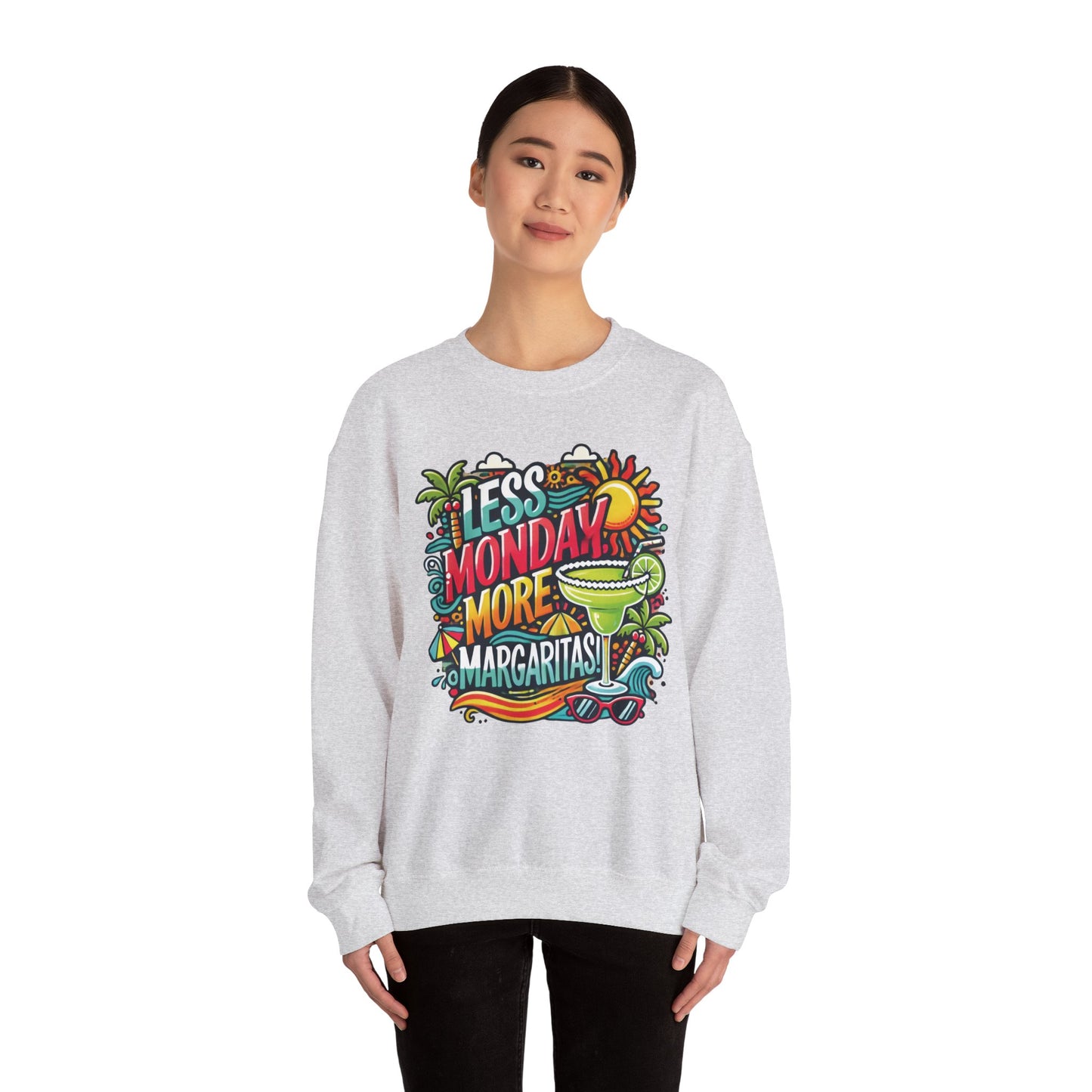 Less Monday More Margaritas Crewneck Sweatshirt, Funny Summer Unisex Beach Vibes Pullover, Fun Unisex Crewneck, Summer Parties Sweatshirt