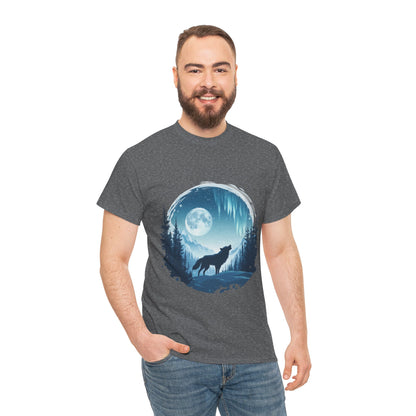 Howling Wolf Under Moonlight Men's T-Shirt, Full Moon Forest Scene Tee, Nature Lover Gift, Outdoor Adventure Clothing