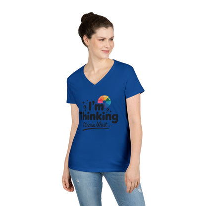 Funny - Im Thinking Please Wait - V-Neck T-Shirt for Women, Cute Geeky Gift for Introverts, Programmers, Designers, Fun Humor Shirt