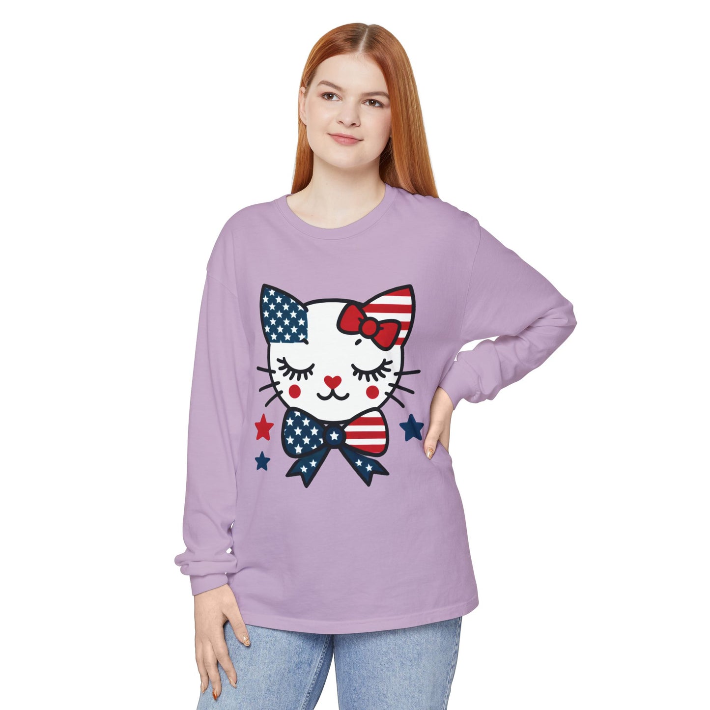 Patriotic Cat Long Sleeve T-Shirt, Women's Tee, Perfect for Fourth of July, Animal Lover Gift, Cozy Casual Wear, Holiday Apparel