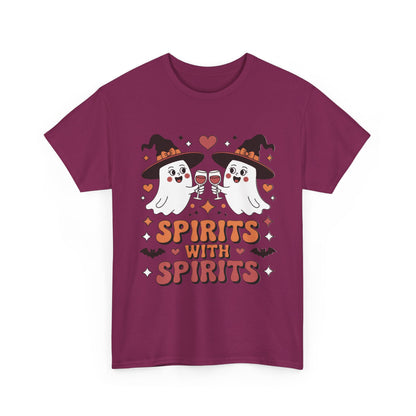 Spirits With Spirits Women's Halloween T-Shirt, Funny Ghost Drinking Wine Tee, Witches Party Shirt, Spooky Season Gift for Her