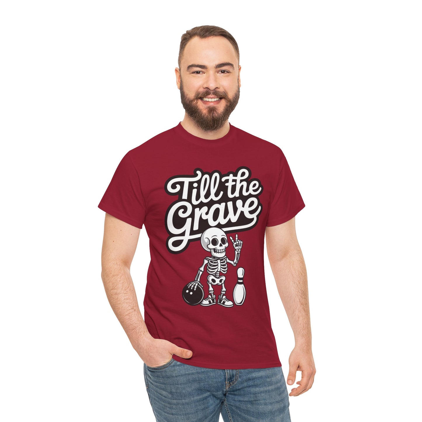 Skeleton Bowling Graphic Tee, Mens Heavy Cotton Tee, Funny Halloween Shirt, Gift for Bowlers, Retro Style Apparel, Casual Wear