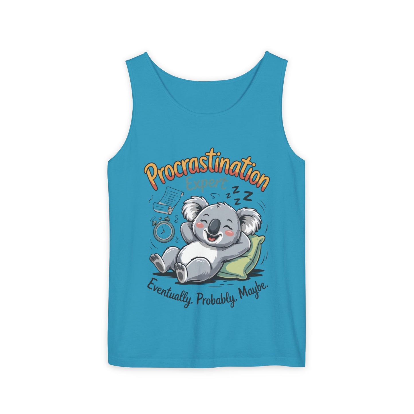 Procrastination Expert Womens Tank Top, Funny Gift for Lazy Days, Relaxed Fit Tee, Casual Summer Wear, Koala Graphic Top, Motivational Apparel