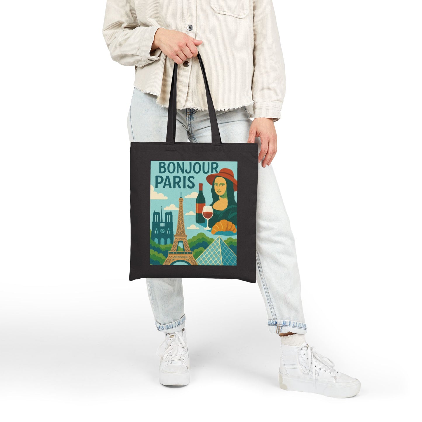 Bonjour Paris Tote Bag, Eco-Friendly Cotton Bag for Shopping, Travel, Gifts, Beach, and Everyday Use