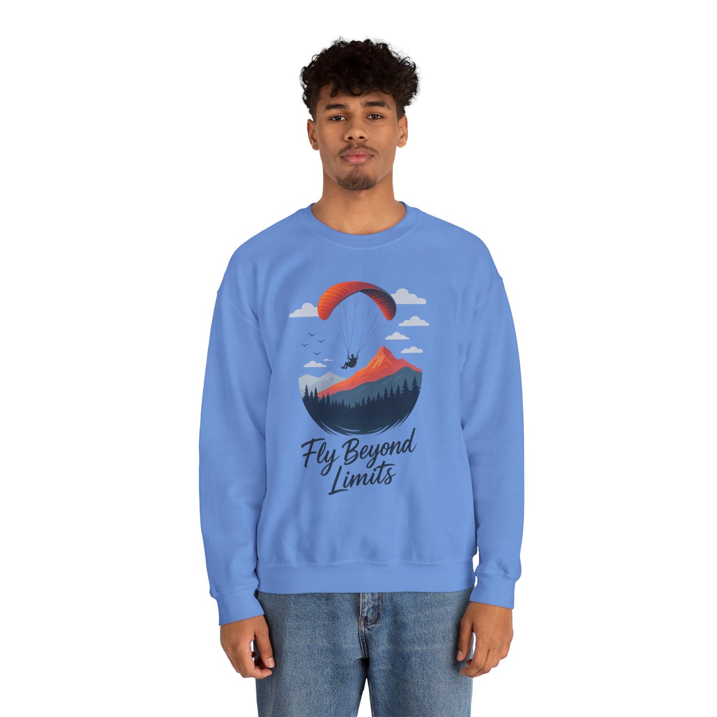 Adventure Inspiration Crewneck Sweatshirt - Fly Beyond Limits, Cozy Outdoor Outfit, Gift for Adventurers, Travel, Motivation Apparel
