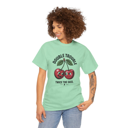 Double Trouble Cherry Graphic Tee, Funny Cute Womens T-Shirt, Twice the Sass Quote Shirt, Sassy Cherry Cartoon Gift