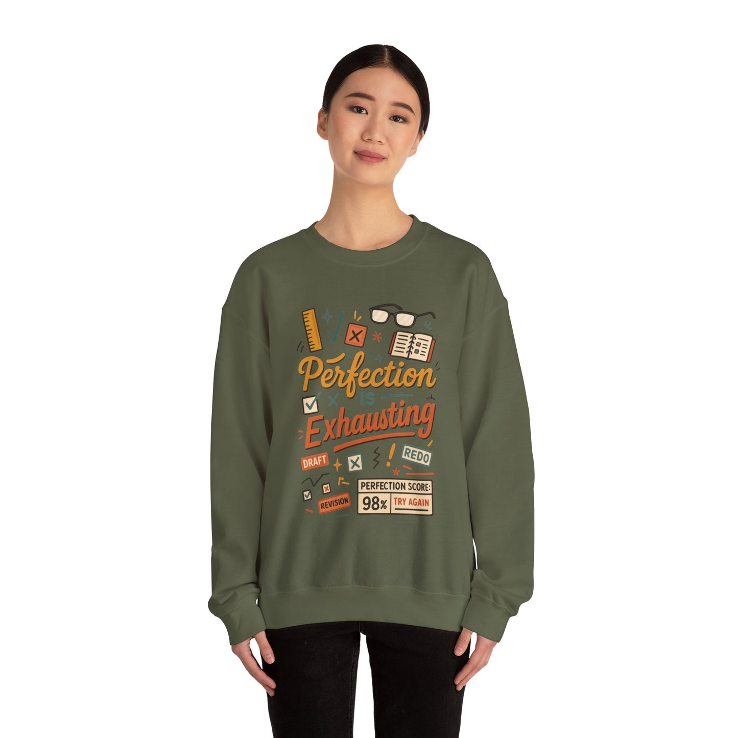Exhausting Perfection Crewneck Sweatshirt, Funny Gift for Students, Cozy Unisex Sweater, Gift for Graduates, Motivational Apparel