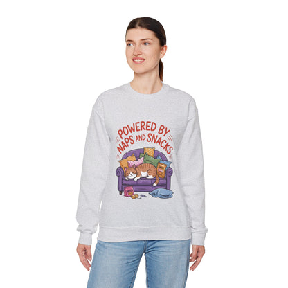 Powered by Naps and Snacks Sweatshirt, Cozy Lounge Crewneck, Gifts for Cat Lovers, Funny Cat Sweatshirt, Casual Everyday Wear