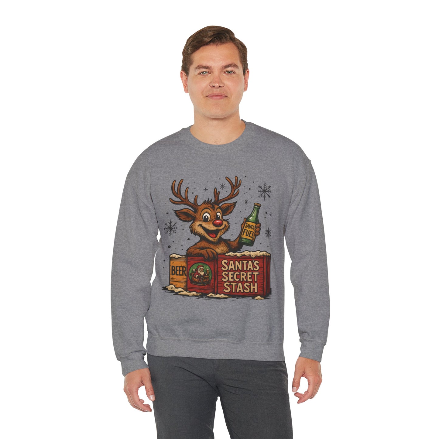 Mens Funny Christmas Sweatshirt, Santa's Secret Stash Reindeer Pullover, Men's Heavy Blend™ Crewneck Sweatshirt