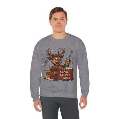 Mens Funny Christmas Sweatshirt, Santa's Secret Stash Reindeer Pullover, Men's Heavy Blend™ Crewneck Sweatshirt