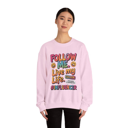 Womens Heavy Blend™ Crewneck Sweatshirt, Influencer Sweatshirt, Colorful Follow Me Live My Life Graphic Sweatshirt, Trendy GirlBoss Outfit