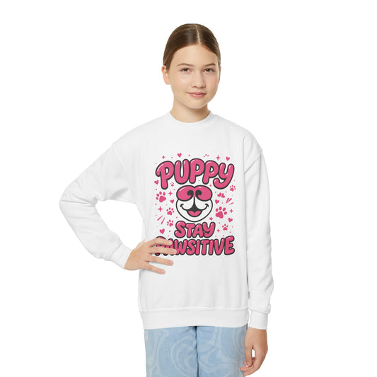 Youth Puppy Crewneck Sweatshirt - Stay Pawsitive Design, Cute Pet Apparel, Kids Sweatshirt, Animal Lover Gift, Cozy Winter Wear, Kids Gift