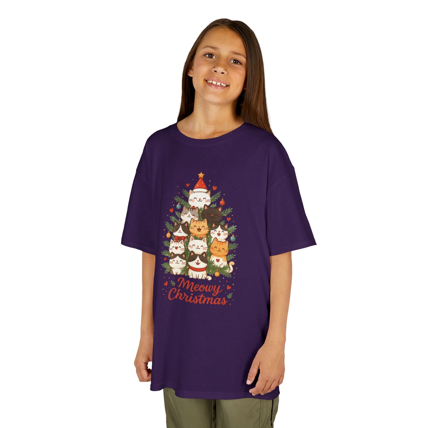 Youth Meowy Christmas Cat T-Shirt, Cute Kids Holiday Kitty Tee