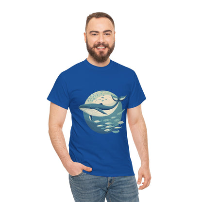 Whale and Fish Unisex Heavy Cotton Tee, Ocean Lover Shirt, Nature Tee, Sea Creature Gift, Casual Summer Top, Ocean Whale Graphic Tee