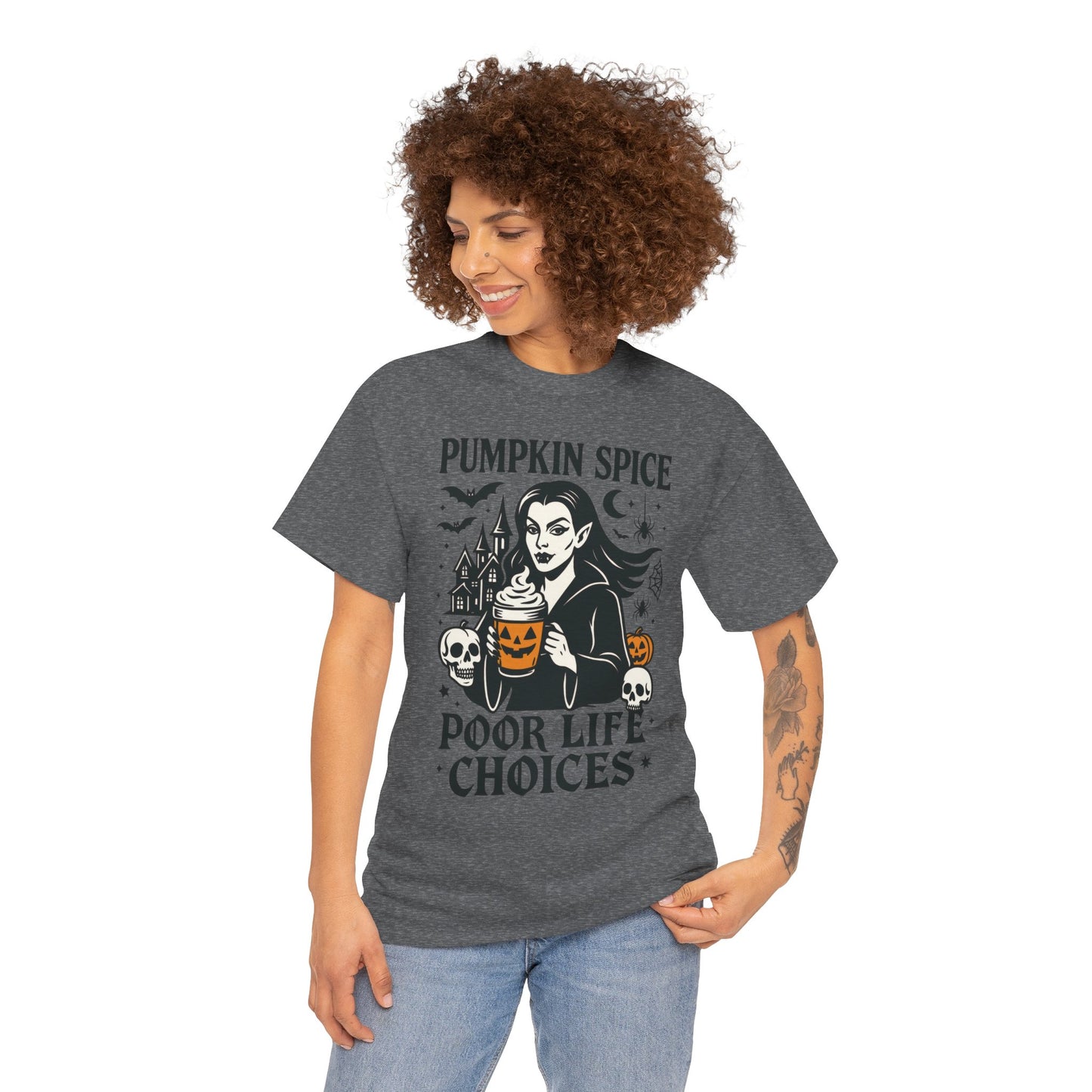 Pumpkin Spice Poor Life Choices Women's T-Shirt, Funny Vampire Coffee Halloween Graphic Tee