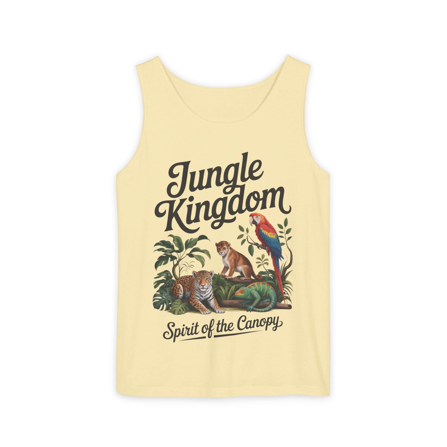Jungle Kingdom Tank Top, Mens Garment-Dyed Sleeveless Shirt, Spirit of the Canopy Tee, Summer Outfit, Eco-Friendly Casual Wear