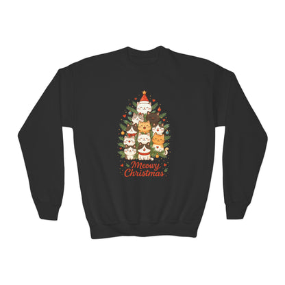 Youth Meowy Christmas Cat Sweatshirt, Cute Holiday Kitty Jumper