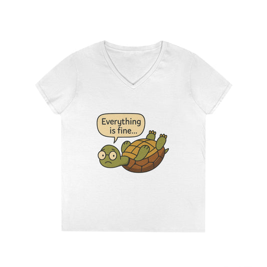 Cute & Comfy Turtle V-Neck T-Shirt - "Everything is fine..." design, Gift for Animal Lovers, Casual Wear, Fun Quotes, Positive message tee