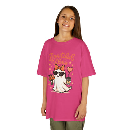Girls Halloween Ghost T-Shirt, Cute Bootiful Vibes Tee for Kids, Fun Spooky Season Shirt, Tween Girl Outfit Gift, Kids Heavy Cotton™ Tee