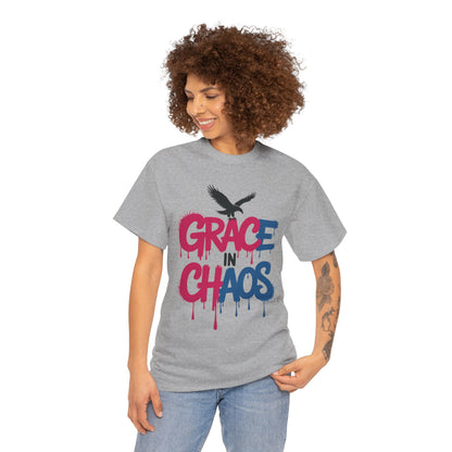 Womens Graffiti T-Shirt, Grace in Chaos Dripping Street Art Tee, Bold Urban Graphic Shirt