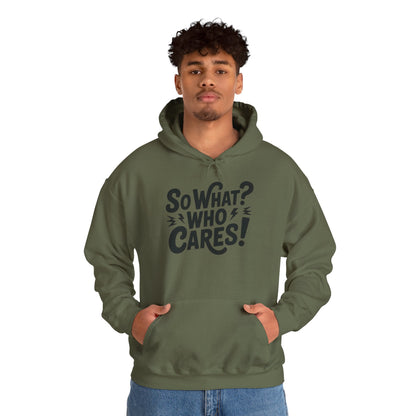 So What? Who Cares! Funny Mens Hoodie, Bold Statement Design, Lightning Graphic Pullover, Rebellious Urban Humor, Funny Streetwear