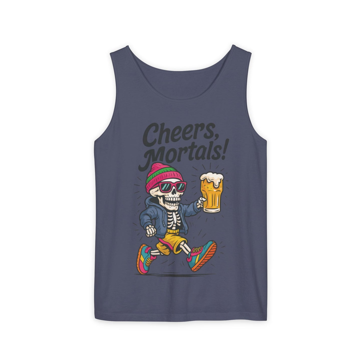 Cheers Mortals! Mens Tank Top, Funny Skeleton Beer Graphic Tee, Drinking Humor Shirt, Party Gift for Him, Halloween Tank,  Beer Lovers Gift