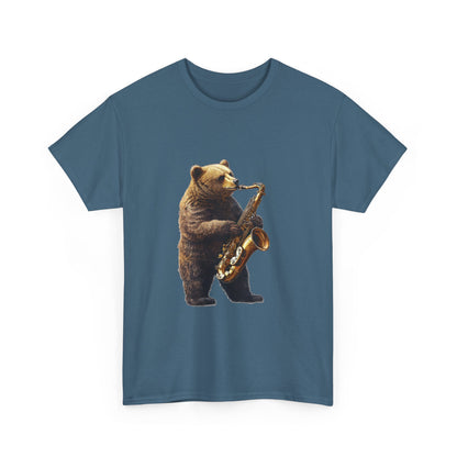 Saxophone Bear Unisex Heavy Cotton Tee, Music Lover Shirt, Gift for Musicians, Cute Animal Tee, Fun Jazz T-Shirt