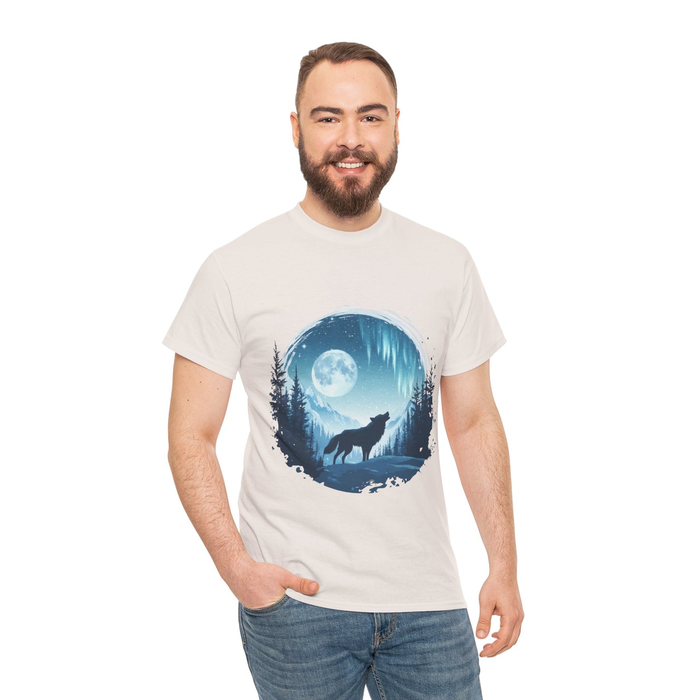 Howling Wolf Under Moonlight Men's T-Shirt, Full Moon Forest Scene Tee, Nature Lover Gift, Outdoor Adventure Clothing