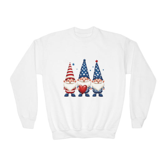 Patriotic Gnome Youth Crewneck Sweatshirt, 4th of July Sweatshirt, Cute Gnome Pullover, Summer Camp Outfit, Kids Holiday Apparel