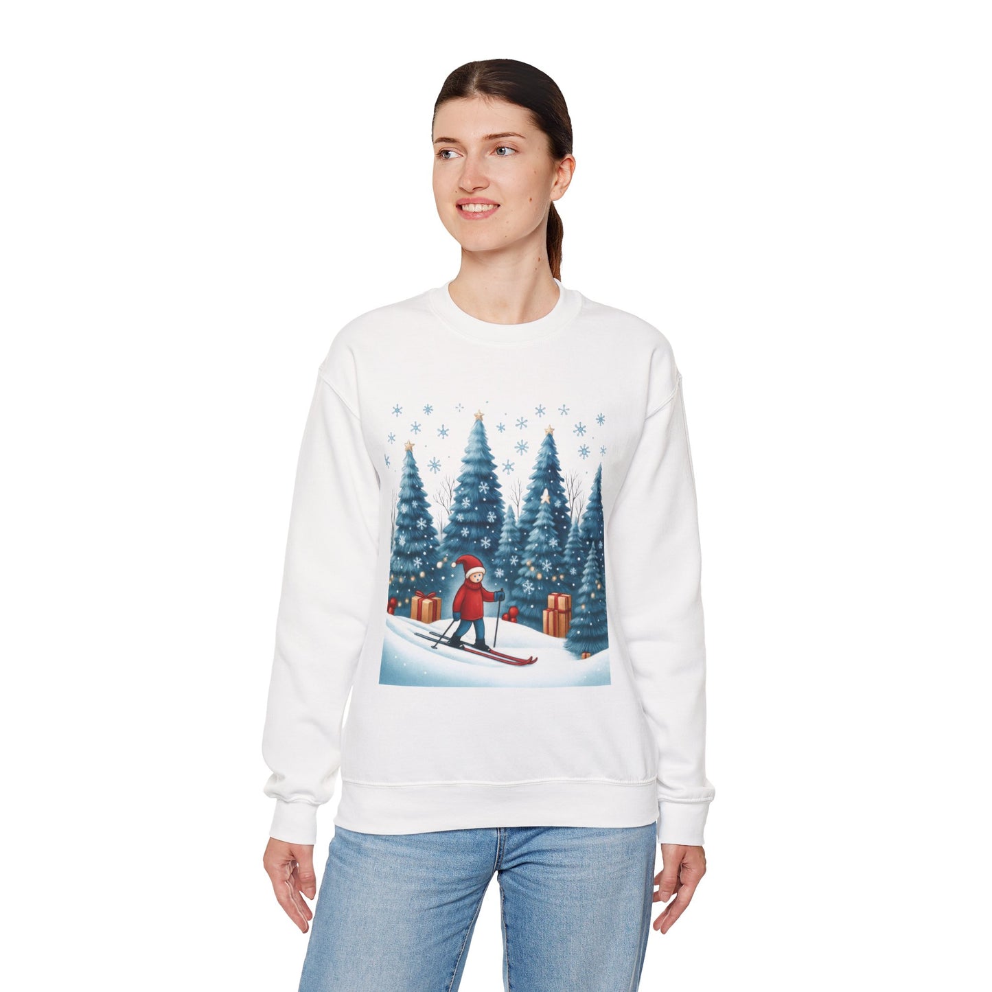 Womens Christmas Skiing Sweatshirt, Cozy Winter Holiday Pullover, Women's Heavy Blend™ Crewneck Sweatshirt